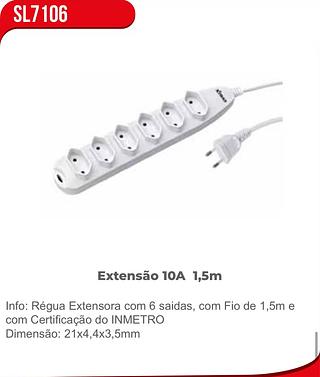 Info: Régua Extensora com 6 saidas, com Fio de 1,5m e com Certificação do INMETRO Dimensão: 21x4,4x3,5mm
