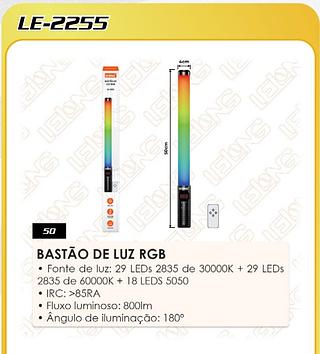 BASTÃO DE LUZ RGB • Fonte de luz: 29 LEDs 2835 de 30000K + 29 LEDs 2835 de 60000K + 18 LEDS 5050