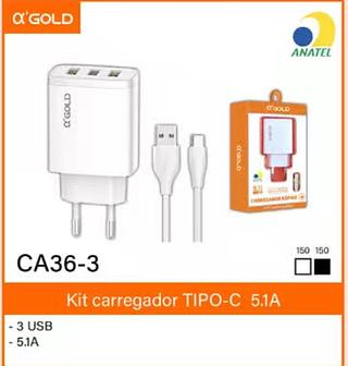 Kit carregador TIPO-C 5.1A- 3 USB