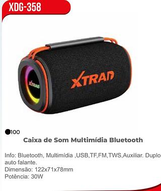 Caixa de Som Multimídia Bluetooth Info: Bluetooth, Multimídia ,USB,TF,FM, TWS,Auxiliar. Duplo auto falante. Dimensão: 122x71x78mm Potência: 30W