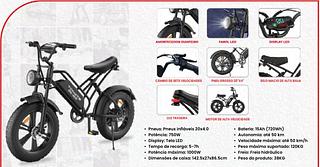 Pneus: Pneus infláveis 20x4.0 • Bateria: 15Ah (720Wh) • Potência: 750W • Autonomia: até 50 km • Display: Tela LED • Velocidade máxima: até 50 km/h • Tempo de recarga: 5-7h • Peso máximo suportado: 120KG • Potência máxima: 1000W • Freio: Freio hidráulico • Dimensões de caixa: 142.5x27x86.5cm • Peso do produto: 38KG