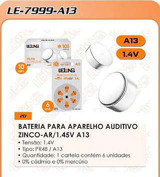 BATERIA PARA APARELHO AUDITIVO ZINCO-AR/1.45V A13