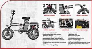 Dimensões: 1290x506x1045 • Distância central da roda dianteira e traseira: 890mm • Peso do veículo (sem a bateria): 25km • Velocidade de Design Máximo: 25km/h • Quilomentragem continuada: O tamanho da bateria 1.0 kw-h • Capacidade de Carga: 75kg • Tipo de bateria: Lítio • Capacidade: 15Ah • Voltarem nominal: 48V • Tipo de motor: ima permanente • Velocidade avaliada: 270 r/min • Potência nominal: 400W • Voltagem avaliada: 48V • 100 quilômetros de consumo de eletricidade: • Valor de proteção contra subtensão: 41+2V • Valor de proteção contra sobrecorrente: 16*2A