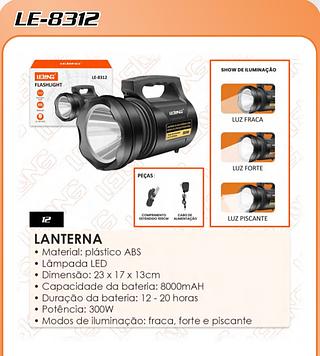 LANTERNA • Material: plástico ABS • Dimensão: 23 x 17 x 13cm • Capacidade da bateria: 8000mAH