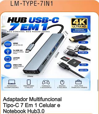 Adaptador Multifuncional Tipo-C 7 Em 1 Celular e Notebook Hub3.0