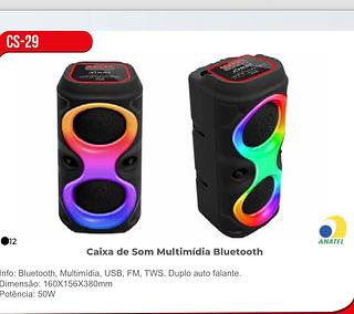 Caixa de Som Multimídia Bluetooth Info: Bluetooth, Multimídia, USB, FM, TWS. Duplo auto falante. Dimensão: 160X156X380mm Potência: 50W