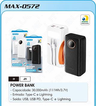 POWER BANK - Capacidade: 30.000mAh (111Wh/3.7V) - Entrada: Type-C e Lightning - Saída: USB, USB PD, Type-C e Lightning