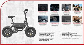 Motor: Potência nominal de 350W • Bateria: Voltagem de 36V 7.8Ah • Carregador: DC 42V 1.5A • Tempo de carga: 5.5 a 6.5 horas • Velocidade máxima: Até 32 km/h • Autonomia: Distância de 25 km (sob carga padrão de 75 kg) • Ângulo de subida: 15° MO R$ 2.200,00 DISPLAY LED GRADABILIDADE SELO MACIO DE ALTA BALA DESION RESISTENTE À AQUA • Pneus: 14 polegadas • Capacidade de carga: Até 120 kg • Peso do produto: 26 kg • Classificação de resistência: IP54 (à prova de respingos d'água) • Dimensões da caixa: 125 x 22 x 64 cm