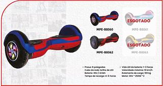 Pneus: 8 polegadas Cubo da roda: brilho de LED Bateria: 36V / 4.0Ah Tempo de recarga: 4-6 horas • Vida útil da bateria: 1-2 horas Velocidade máxima: 10 km/h Rolamento de carga: 100 kg Motor: 36V * 250W * 2