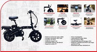 Potência nominal do motor: 350W • Voltagem da bateria: 48V 7.8Ah • Cargador: DC 54.6V • Tempo de carga: 5-6H • Velocidade máxima: até 32km/h • Ângulo de subida: 15° UNID.CX: 1 R$ 2.299,00 DISPLAY LED GRADAREIDADE SELO MACIO DE ALTA BALA DESION RESISTENTE A AGUA • Pneus: 14 polegadas • Capacidade de carga: 120KG • Peso do produto: 29Kg • Classificação de prova de água: IP54 • Distância: A distância de 25 km sob carga padrão de 75 kg • Dimensões de caixa: 130x22x63 cm