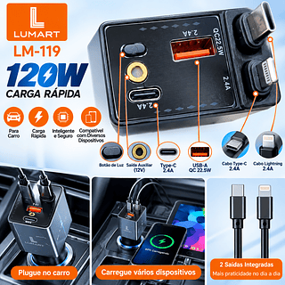Carregador de carro retrátil com luz LED, carregador de carro rápido 4 em 1 de 120 W Super turbo para iPhone e Android
