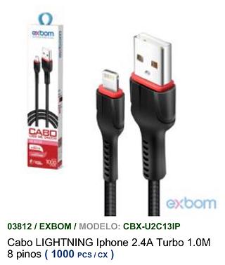 Cabo LIGHTNING Iphone 2.4A Turbo 1.0M 8 pinos