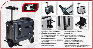 Capacidade da Bateria: 93,6WH • Velocidade Máxima: 15km/h • Tempo de Carregamento: 2-3H • Volume: 30L • Tipo de Bateria: Bateria de Íons de Lítio • Material: Alumínio de aviação • Tensão da Bateria: 36V • Nível de Impermeabilidade: IPX5 • Bateria Removível: Sim • Tamanho do pneu: • Tensão de Carregamento: 100-240V, Roda de PU de 5 polegadas 50/60HZ, 1.5A • Voltagem de Saída Tipo-C: 5V • Potência do Motor: 250W • Peso do Veículo: 8.5kg • Carga Máxima: 120kg • Tamanho Desdobrado: 560x250x680mm • Tamanho Dobrado: 560x250x500mm
