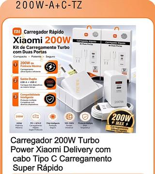 Carregador 200W Turbo Power Xiaomi Delivery com cabo Tipo C Carregamento Super Rápido