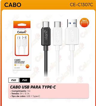 CABO USB PARA TYPE-C - Comprimento: 1M