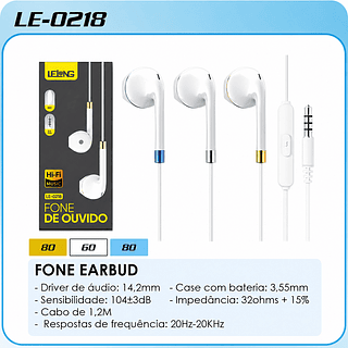 FONE EARBUD - Driver de áudio: 14,2mm - Case com bateria: 3,55mm