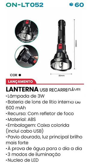 LANTERNA USB RECARREGÁVEI • Lâmpada de 3W