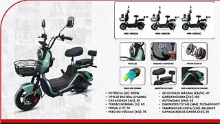 • POTÊNCIA (W): 800W • TIPO DE BATERIA: CHUMBO • CAPACIDADE (AH): 20 • TENSÃO NOMINAL (V): 60 • PNEUS: 2.75-10 • PESO DO VEÍCULO (KG): 76ASSENTOS DE COURO DUPLA ABSORÇÃO DE CHOQUE • VELOCIDADE MÁXIMA (KM/H): 47 • CARGA MÁXIMA (KG): 180 • AUTONOMIA (KM): 40 • DIMENSÕES TOTAIS (MM): 1525x450x107 • TAMANHO DA CESTA (CM): 28x26x29 • CAPACIDADE DE CARGA (KG): 20