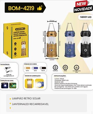 LAMPIÃO RETRO SOLAR LANTERNALED RECARREGAVEL