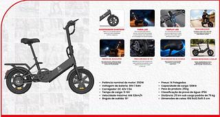 Potência nominal do motor: 350W • Voltagem da bateria: 36V 7.8Ah • Carregador: DC 42V 1.5A • Tempo de carga: 5-6H • Velocidade máxima: Até 32km/h • Ângulo de subida: 15° MBE-BC3 IME RS 1.900,00 DISPLAY LED GRADABIIDADE SELO MACIO DE ALTA BALA DESIGN RESISTENTE A AGUM • Pneus: 14 Polegadas • Capacidade de carga: 120KG • Peso do produto: 25Kg • Classificação de prova de água: IP54 • Distância: 25 km sob carga padrão de 75 kg • Dimensões de caixa: 106.5x22.5x51.5 cm PCS/CX: 2