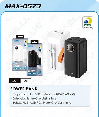 POWER BANK - Capacidade: 510.000mAh ( 185Wh/3.7V) - Entrada: Type-C e Lightning - Saída: USB, USB PD, Type-C e Lightning