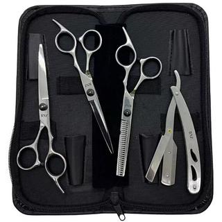 ￼Kit Preto 3 Tesouras + Navalhete + Estojo Profissional Para Barbeiro