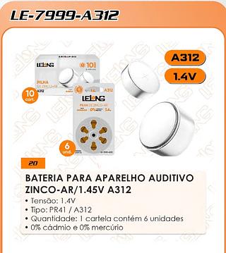 BATERIA PARA APARELHO AUDITIVO ZINCO-AR/1.45V A312