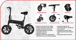 Potência nominal do motor: 350W • Tempo de carga: 5.5-6h • Potência máxima do motor: 450W • Velocidade máxima: até 30km/h • Voltagem da bateria: 36V 7.8Ah • Pneus: 14x2.125 • Capacidade de bateria: 280.8Wh • Capacidade de carga: 120kg • Carregador: 48V 1.5A • Classificação de prova de água: • Ângulo de subida: 15° IPX5 • Resistência: 25 km em modo elétrico • Velocidade máxima: 48 km/h unificado, 35 km com assistência pedal