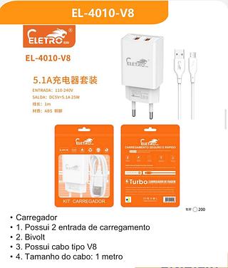 1. Possui 2 entrada de carregamento • 2. Bivolt • 3. Possui cabo tipo V8