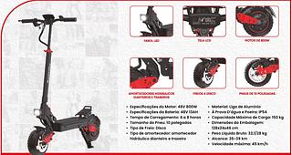 Especificações do Motor: 48V 800W • Material: Liga de Alumínio • Especificações da Bateria: 48V 13AH • À Prova D'água e Poeira: IP54 • Tempo de Carregamento: 4 a 8 horas • Capacidade Máxima de Carga: 150 kg • Tamanho do Pneu: 10 polegadas • Dimensões da Embalagem: • Tipo de Freio: Disco 128x24x46 cm • Tipo de amortecedor: amortecedor • Peso Líquido Bruto: 32,1/28 kg hidráulico dianteiro e traseiro • Alcance: 35~39 km • Velocidade máxima: 45 km/h