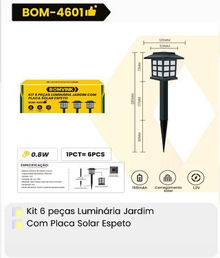 Kit 6 peças Luminária Jardim Com Placa Solar Espeto